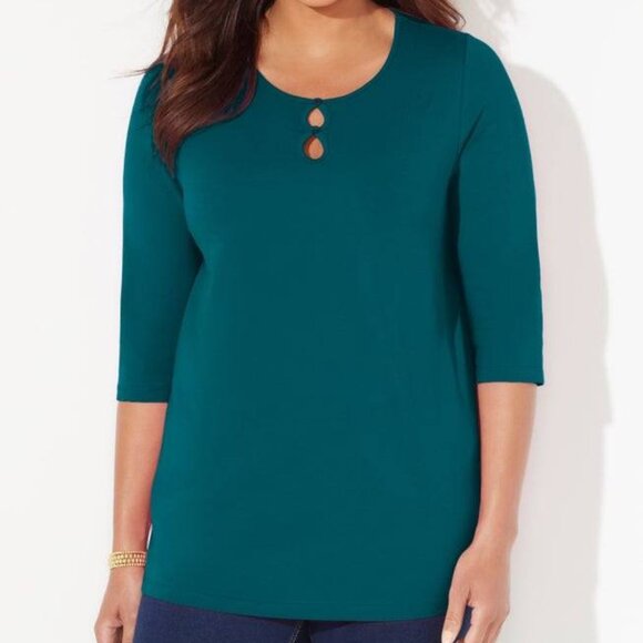 Catherines Teal Green Suprema Teardrop Neck 3/4 Slv Tee- 3XWP (Plus Petite)- NWT - Picture 1 of 3